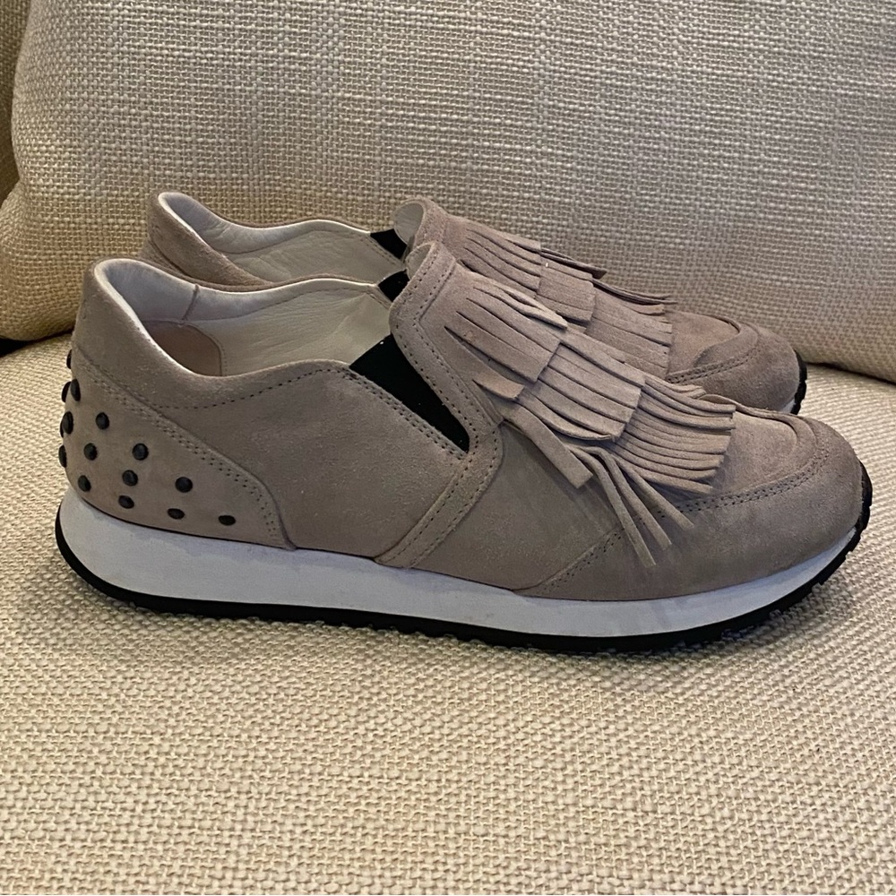 Women's Taupe Suede Fringe Slip-On Sneakers